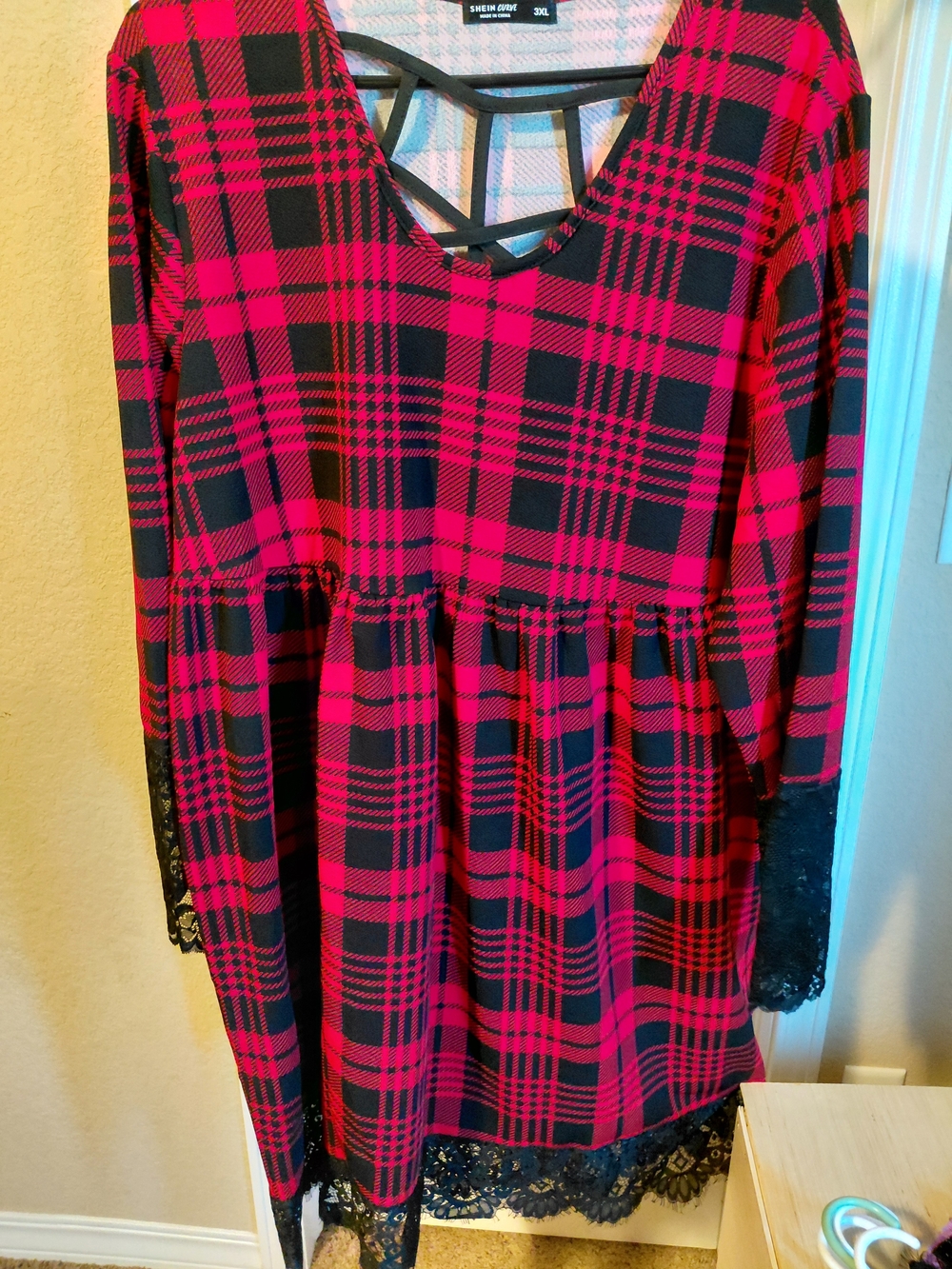 SHEIN Red and Black Plaid Lace-Trim Babydoll Dress